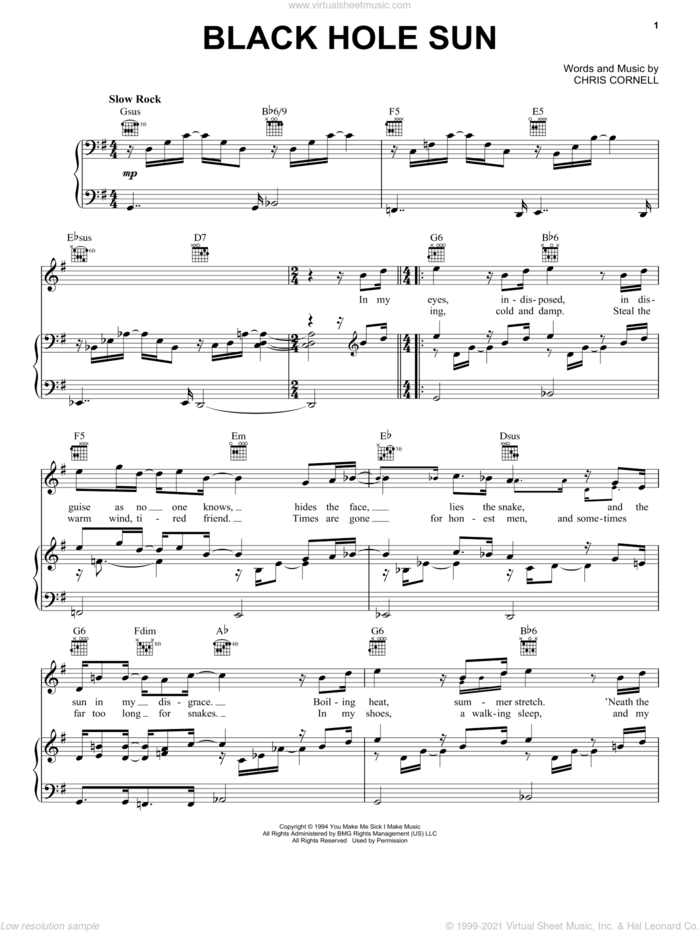 Black Hole Sun sheet music for voice, piano or guitar by Soundgarden and Chris Cornell, intermediate skill level