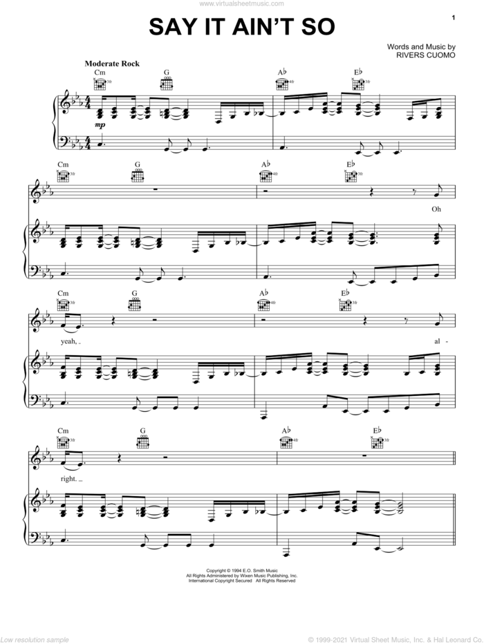 Say It Ain't So sheet music for voice, piano or guitar by Weezer and Rivers Cuomo, intermediate skill level