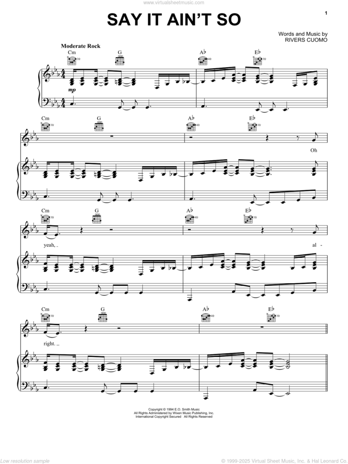 Say It Ain't So sheet music for voice, piano or guitar by Weezer and Rivers Cuomo, intermediate skill level