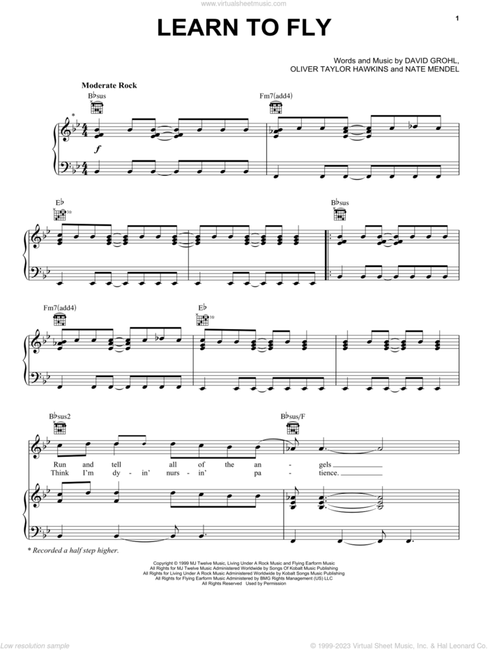 Learn To Fly sheet music for voice, piano or guitar by Foo Fighters, Dave Grohl, Nate Mendel and Taylor Hawkins, intermediate skill level