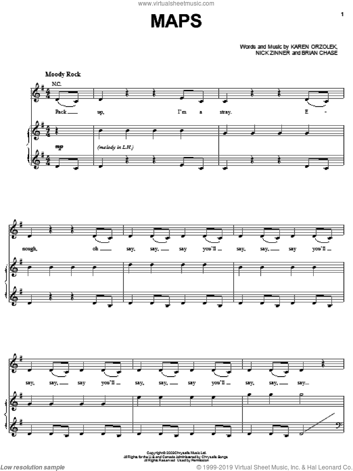 Maps sheet music for voice, piano or guitar by Yeah Yeah Yeahs, Brian Chase, Karen Orzolek and Nick Zinner, intermediate skill level