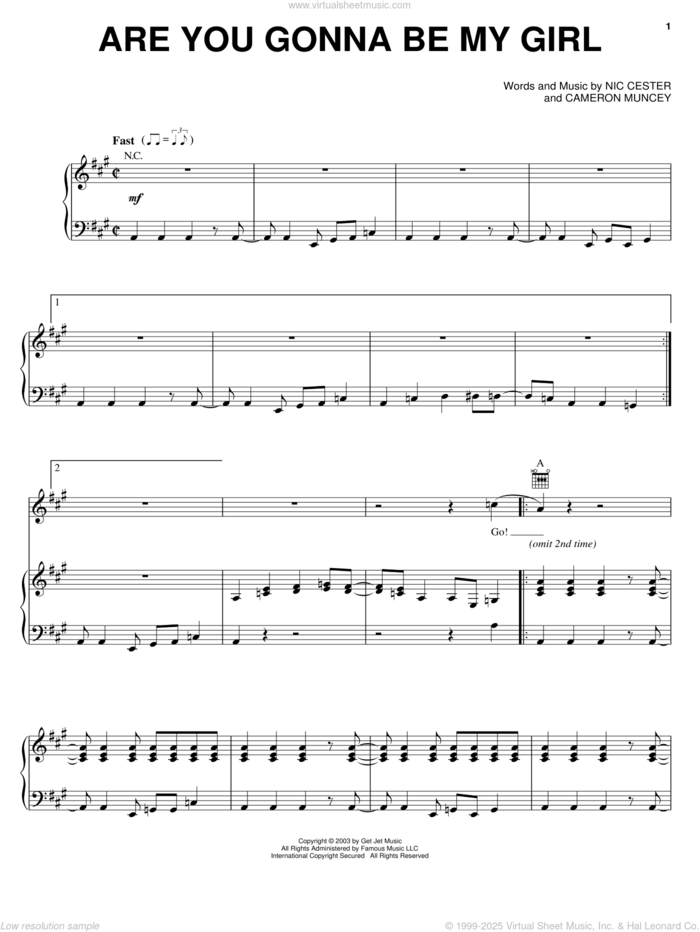 Are You Gonna Be My Girl sheet music for voice, piano or guitar by Nic Cester and Cameron Muncey, intermediate skill level