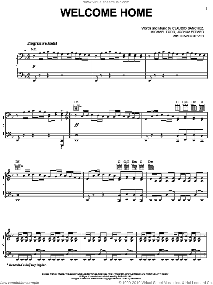 Welcome Home sheet music for voice, piano or guitar by Coheed And Cambria, Claudio Sanchez, Joshua Eppard, Michael Todd and Travis Stever, intermediate skill level