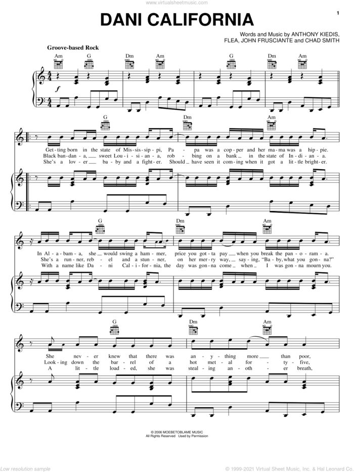 Dani California sheet music for voice, piano or guitar by Red Hot Chili Peppers, Anthony Kiedis, Chad Smith, Flea and John Frusciante, intermediate skill level