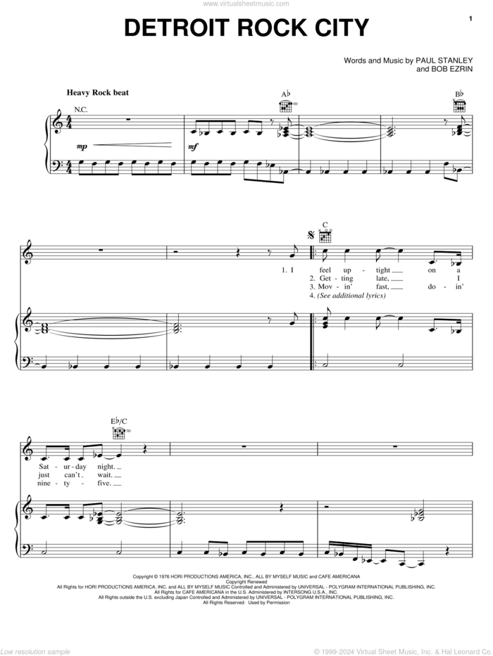 Detroit Rock City sheet music for voice, piano or guitar by KISS, Bob Erzin and Paul Stanley, intermediate skill level