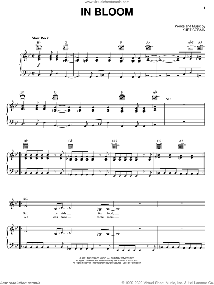 In Bloom sheet music for voice, piano or guitar by Nirvana and Kurt Cobain, intermediate skill level