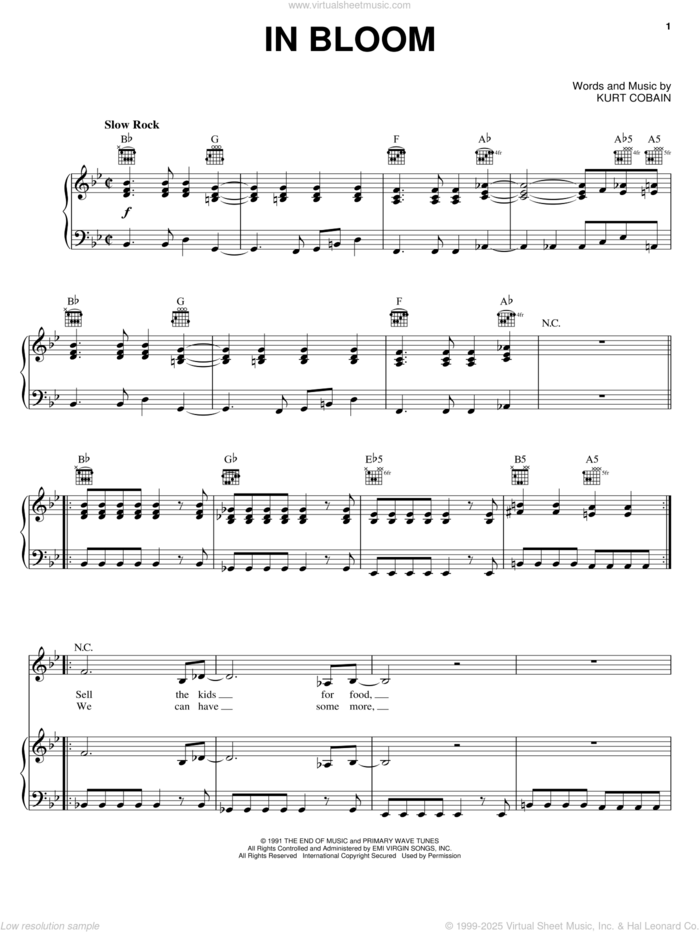 In Bloom sheet music for voice, piano or guitar by Nirvana and Kurt Cobain, intermediate skill level