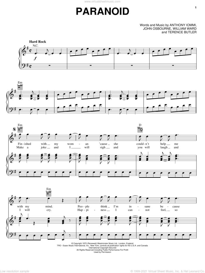 Paranoid sheet music for voice, piano or guitar by Black Sabbath, Ozzy Osbourne, Anthony Iommi, John Osbourne, Terence Butler and William Ward, intermediate skill level