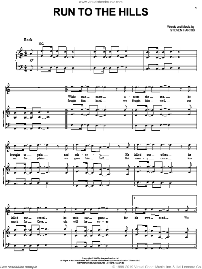 Run To The Hills sheet music for voice, piano or guitar by Iron Maiden and Steve Harris, intermediate skill level
