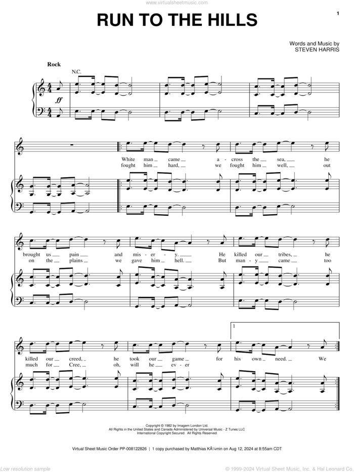 Run To The Hills sheet music for voice, piano or guitar by Iron Maiden and Steve Harris, intermediate skill level