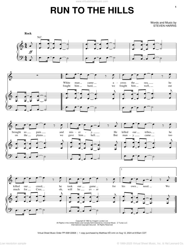 Run To The Hills sheet music for voice, piano or guitar by Iron Maiden and Steve Harris, intermediate skill level