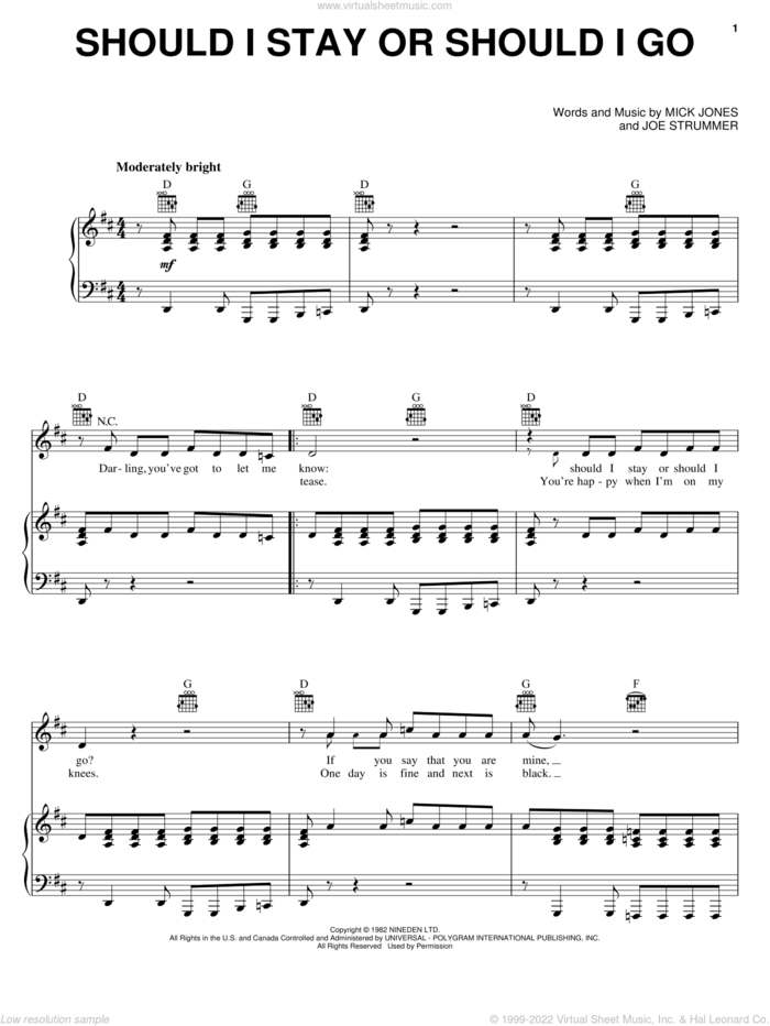 Should I Stay Or Should I Go sheet music for voice, piano or guitar by The Clash, Joe Strummer and Mick Jones, intermediate skill level