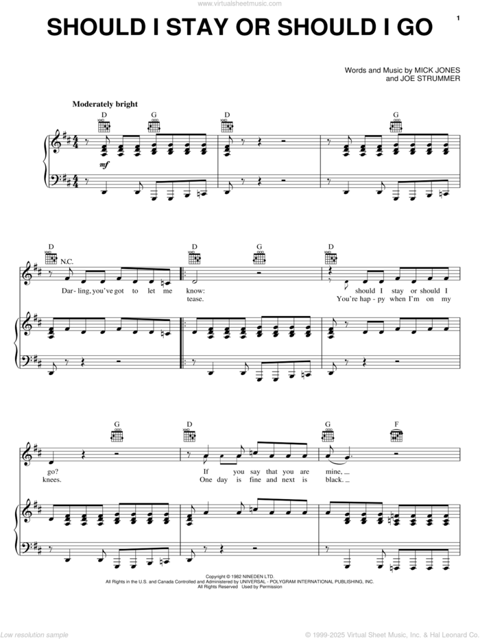 Should I Stay Or Should I Go sheet music for voice, piano or guitar by The Clash, Joe Strummer and Mick Jones, intermediate skill level