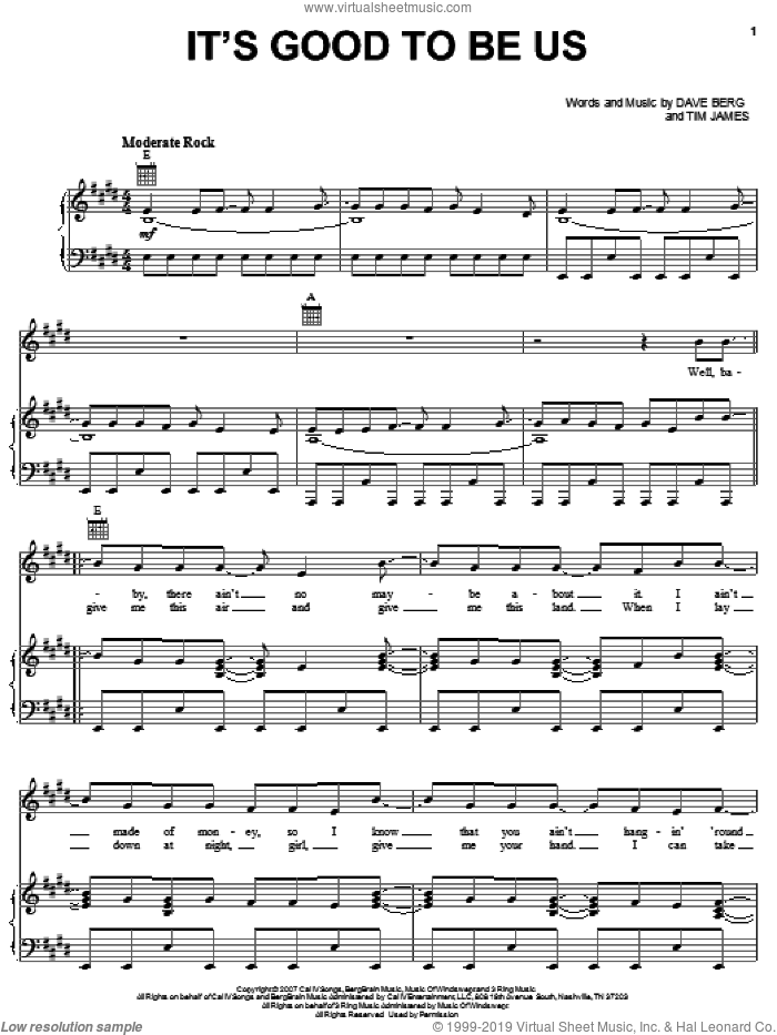 It's Good To Be Us sheet music for voice, piano or guitar by Bucky Covington, Dave Berg and Tim James, intermediate skill level