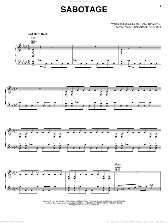 Sabotage sheet music for voice, piano or guitar by Beastie Boys, Adam Horovitz, Adam Yauch and Michael Diamond, intermediate skill level