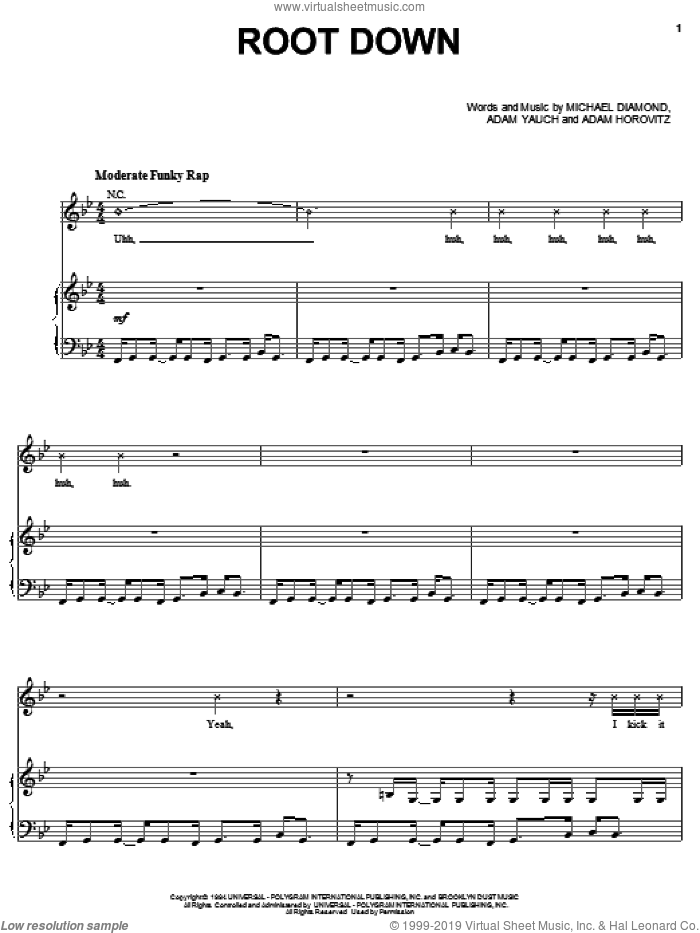 Root Down sheet music for voice, piano or guitar by Beastie Boys, Adam Horovitz, Adam Yauch and Michael Diamond, intermediate skill level