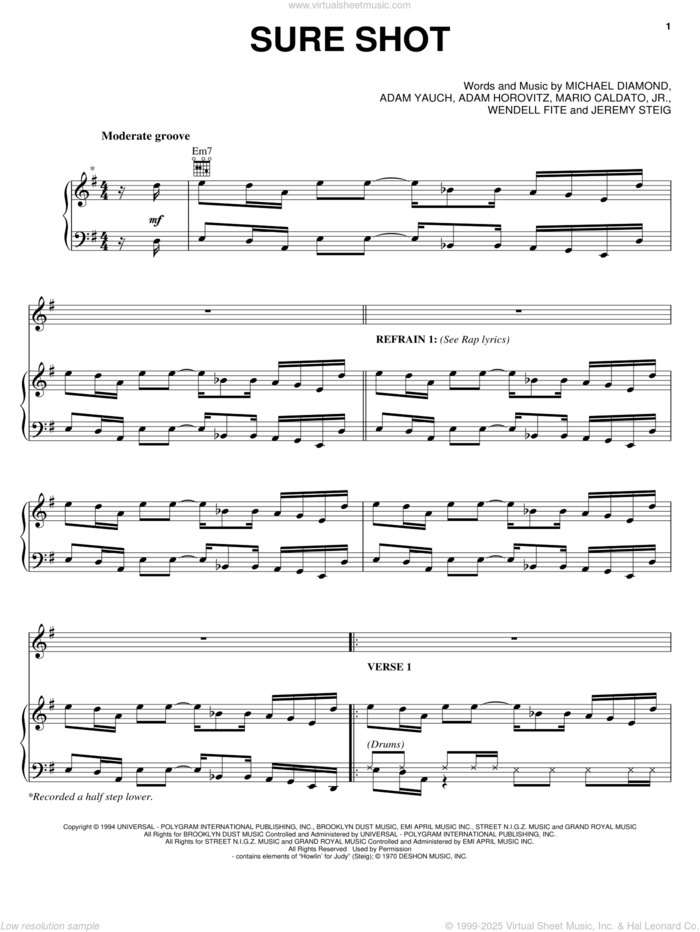 Sure Shot sheet music for voice, piano or guitar by Beastie Boys, Adam Horovitz, Adam Yauch, Jeremy Steig, Mario Caldato, Michael Diamond and Wendell Fite, intermediate skill level