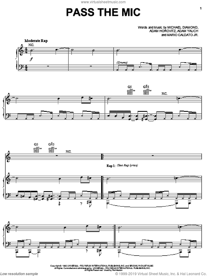 Pass The Mic sheet music for voice, piano or guitar by Beastie Boys, Adam Horovitz, Adam Yauch, Mario Caldato Jr. and Michael Diamond, intermediate skill level