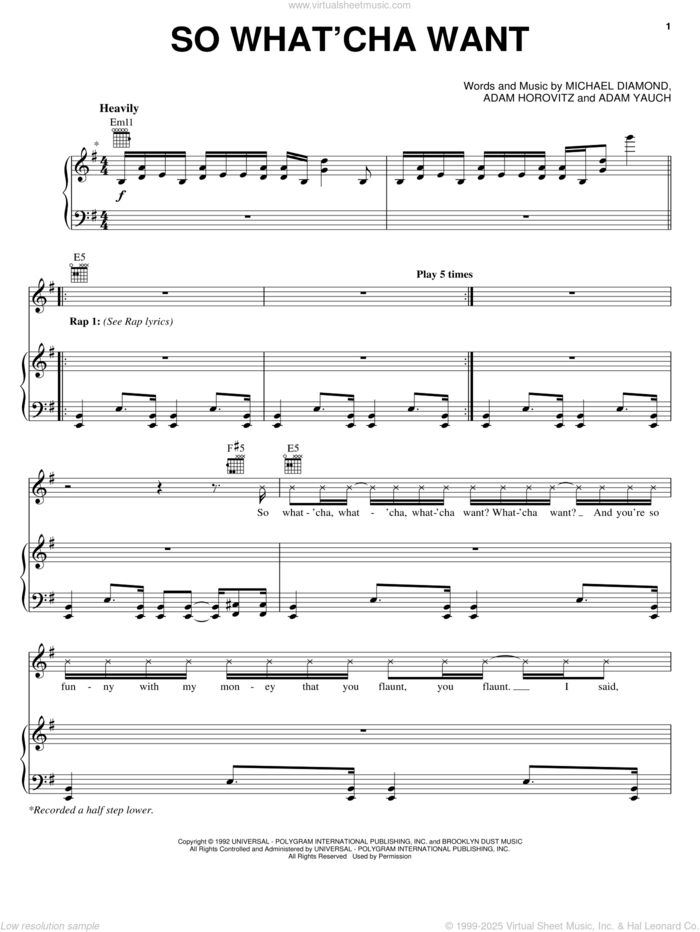 So What'cha Want sheet music for voice, piano or guitar by Beastie Boys, Adam Horovitz, Adam Yauch and Michael Diamond, intermediate skill level