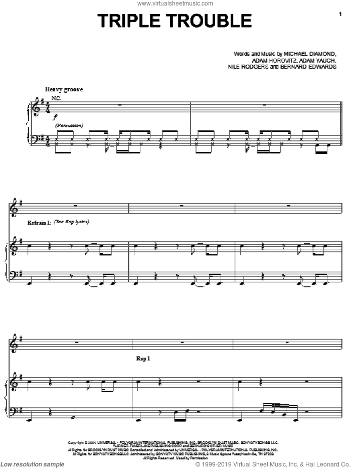 Triple Trouble sheet music for voice, piano or guitar by Beastie Boys, Adam Horovitz, Adam Yauch, Bernard Edwards, Michael Diamond and Nile Rodgers, intermediate skill level