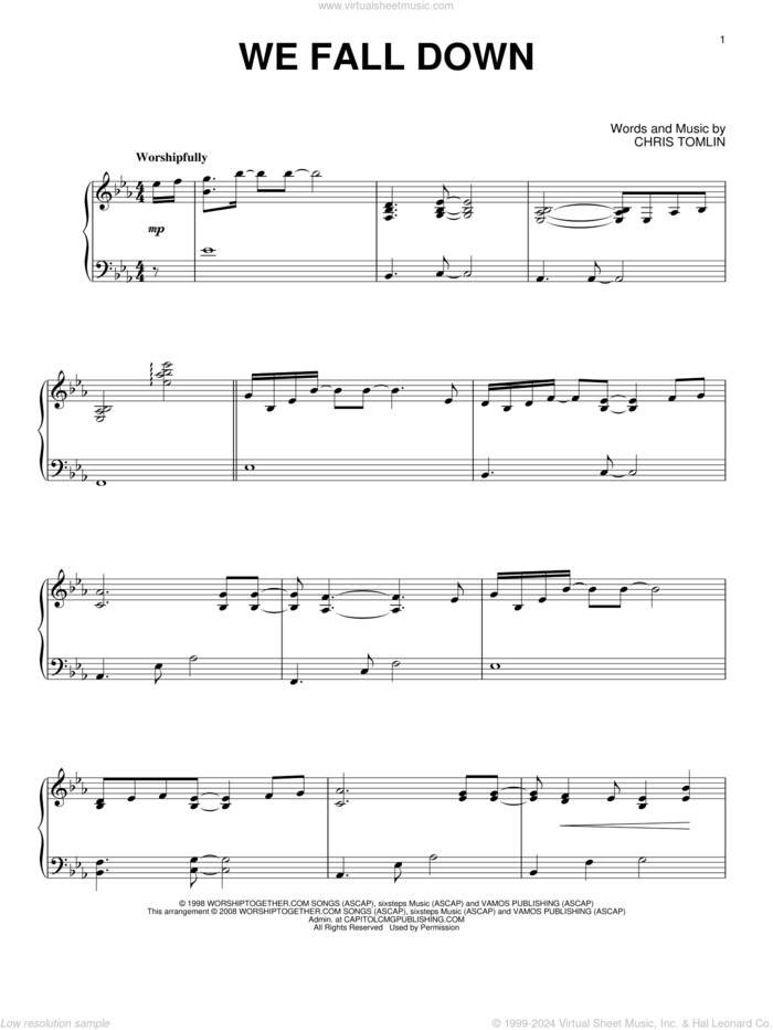 We Fall Down, (intermediate) sheet music for piano solo by Chris Tomlin and Kutless, intermediate skill level