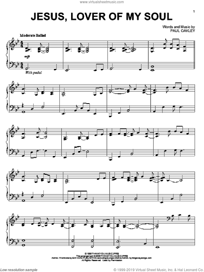 Jesus, Lover Of My Soul sheet music for piano solo by Paul Oakley, intermediate skill level