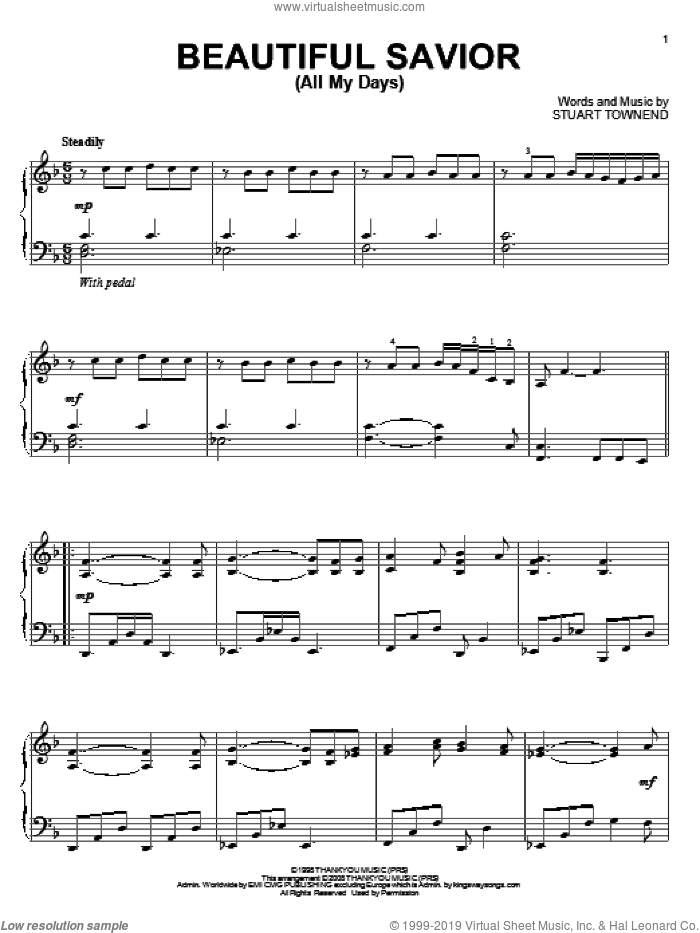 Beautiful Savior (All My Days) sheet music for piano solo by Stuart Townend and Tim Hughes, intermediate skill level