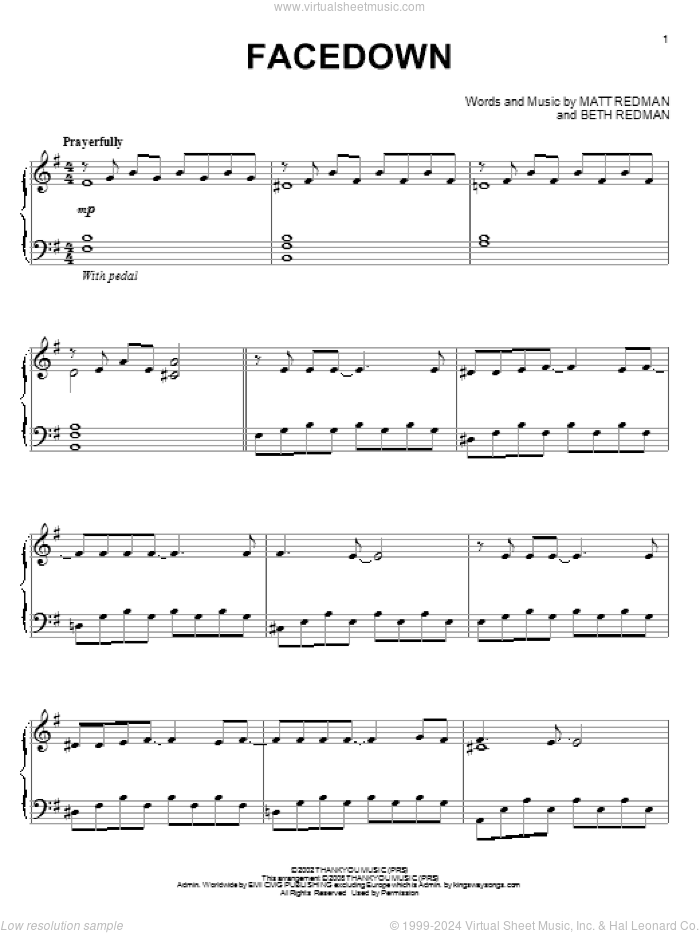 Facedown sheet music for piano solo by Matt Redman and Beth Redman, intermediate skill level