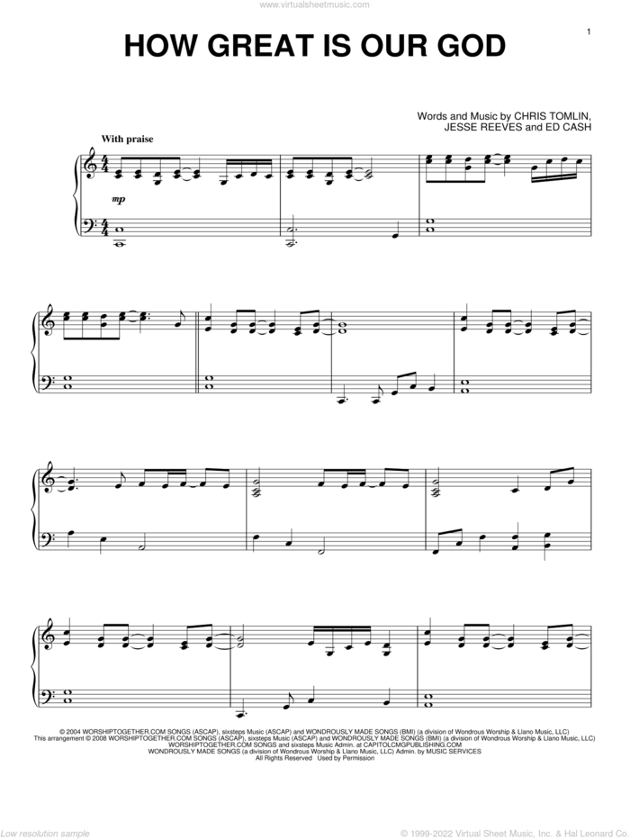 How Great Is Our God, (intermediate) sheet music for piano solo by Chris Tomlin, Ed Cash and Jesse Reeves, intermediate skill level
