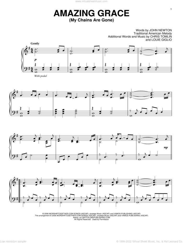 Amazing Grace (My Chains Are Gone), (intermediate) sheet music for piano solo by Chris Tomlin, John Newton and Louie Giglio, intermediate skill level