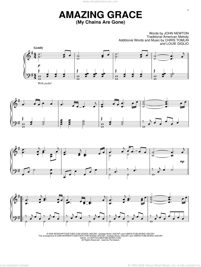 Amazing Grace (My Chains Are Gone), (intermediate) sheet music for piano solo by Chris Tomlin, John Newton and Louie Giglio, intermediate skill level