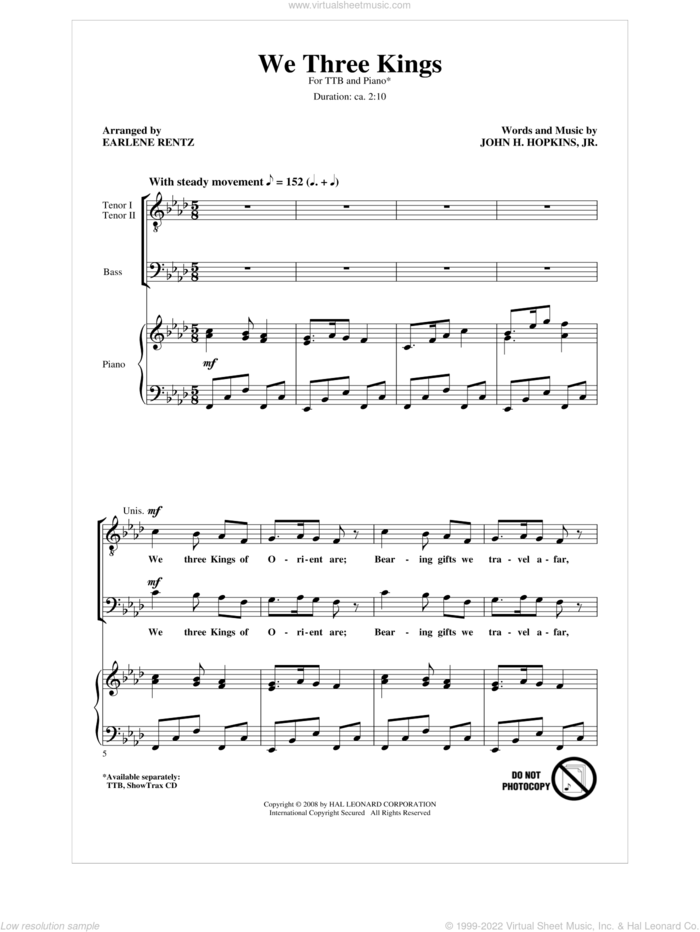 We Three Kings sheet music for choir (TTB: tenor, bass) by Earlene Rentz, intermediate skill level