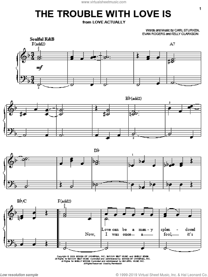 The Trouble With Love Is sheet music for piano solo by Kelly Clarkson, Carl Sturken and Evan Rogers, easy skill level