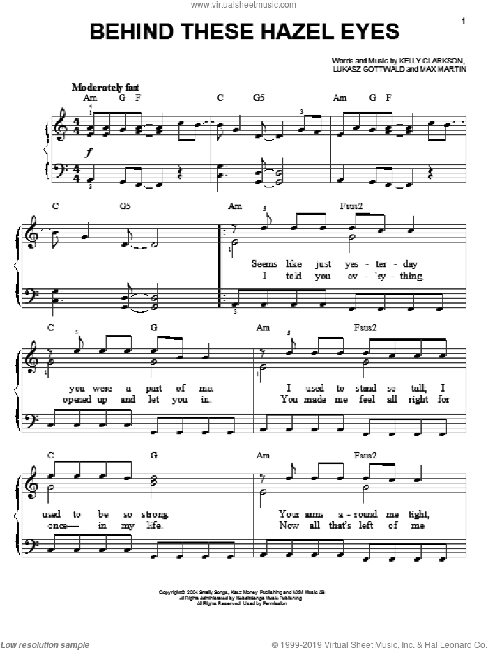 Behind These Hazel Eyes sheet music for piano solo by Kelly Clarkson, Lukasz Gottwald and Martin Sandberg, easy skill level
