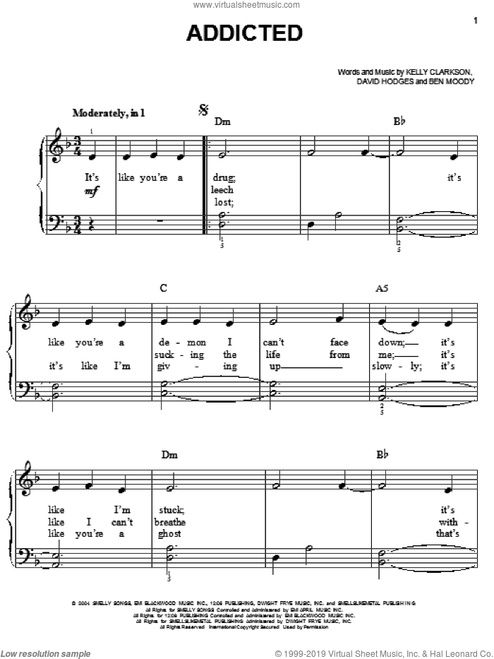Addicted sheet music for piano solo by Kelly Clarkson, Ben Moody and David Hodges, easy skill level