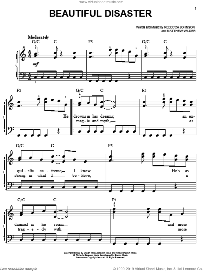 Beautiful Disaster sheet music for piano solo by Kelly Clarkson, Matthew Wilder and Rebecca Johnson, easy skill level