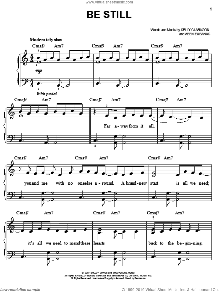 Be Still sheet music for piano solo by Kelly Clarkson and Aben Eubanks, easy skill level