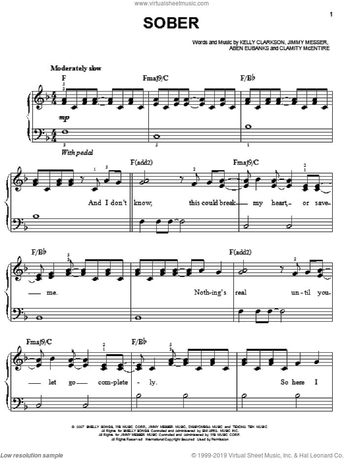 Sober sheet music for piano solo by Kelly Clarkson, Aben Eubanks, Calamity McEntire and Jimmy Messer, easy skill level