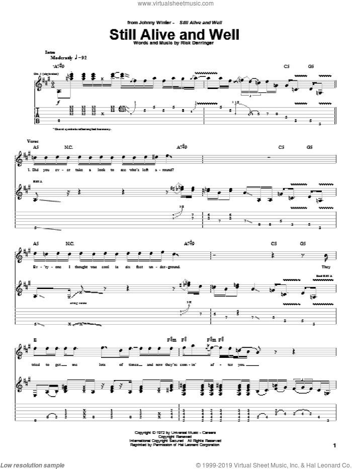 Still Alive And Well sheet music for guitar (tablature) by Johnny Winter and Rick Derringer, intermediate skill level