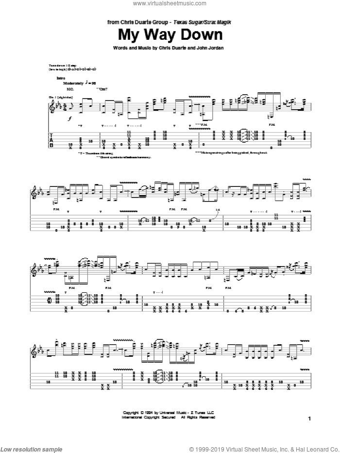 My Way Down sheet music for guitar (tablature) by Chris Duarte and John Jordan, intermediate skill level