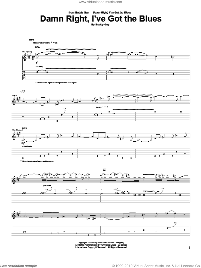 Damn Right, I've Got The Blues sheet music for guitar (tablature) by Buddy Guy, intermediate skill level