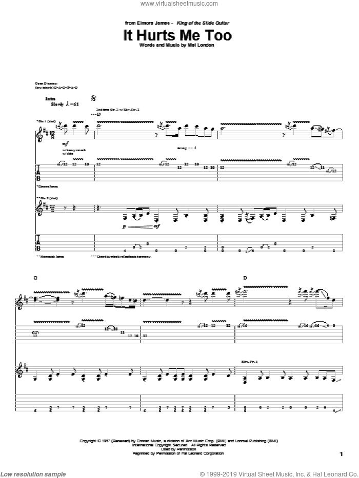 It Hurts Me Too sheet music for guitar (tablature) by Elmore James, Elvis Presley, Eric Clapton and Mel London, intermediate skill level