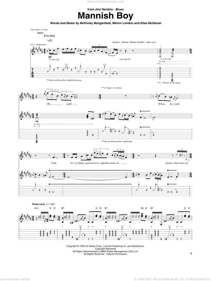 Mannish Boy sheet music for guitar (tablature) by Jimi Hendrix, Muddy Waters, Ellas McDaniels, McKinley Morganfield and Melvin London, intermediate skill level