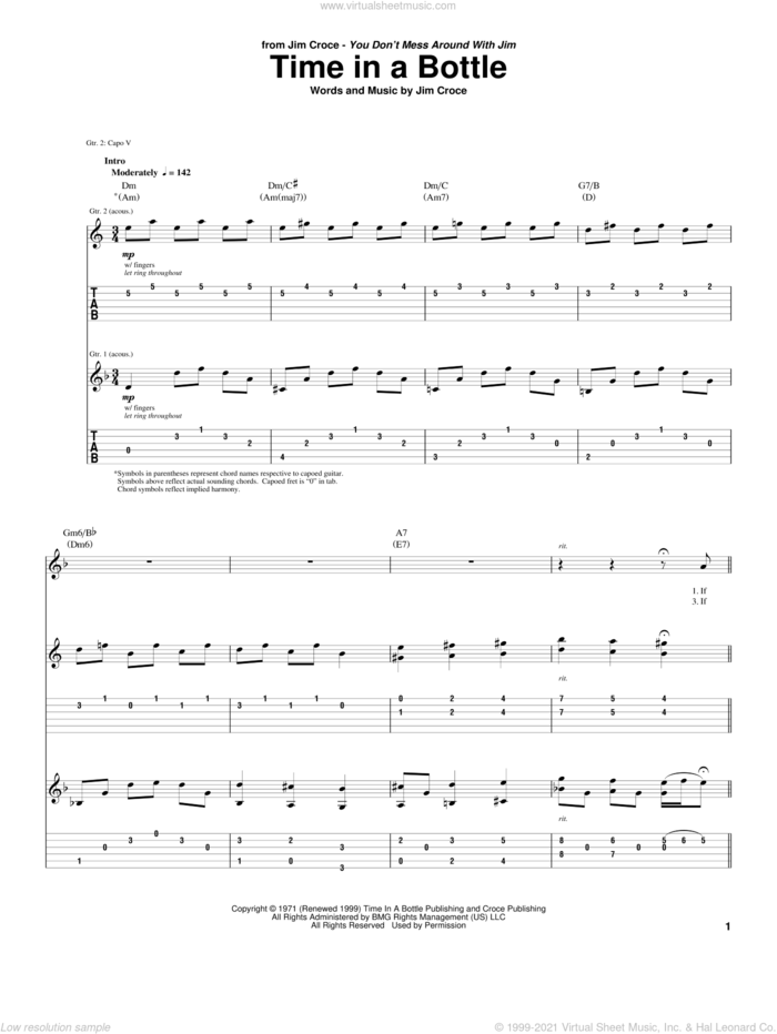 Time In A Bottle sheet music for guitar (tablature) by Jim Croce, intermediate skill level