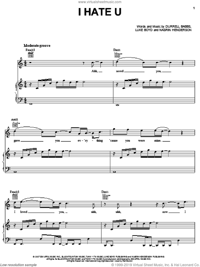 I Hate U sheet music for voice, piano or guitar by Tank, Durrell Babbs, Luke Boyd and Nasrin Henderson, intermediate skill level