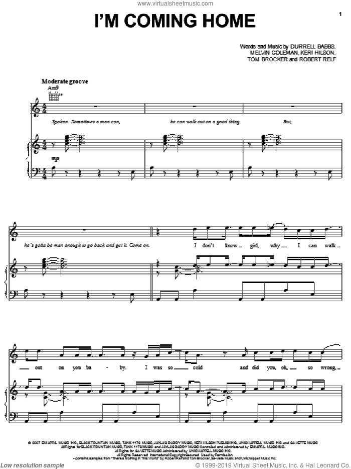 I'm Coming Home sheet music for voice, piano or guitar by Tank, Durrell Babbs, Keri Hilson, Melvin Coleman, Robert Relf and Tom Brocker, intermediate skill level