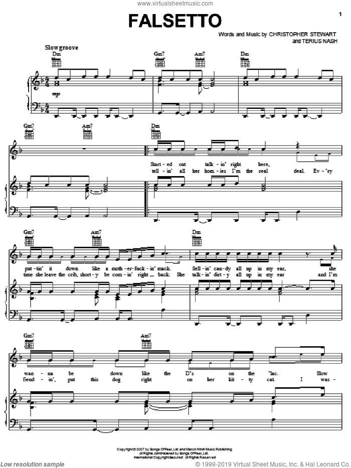 Falsetto sheet music for voice, piano or guitar by The Dream, Christopher Stewart and Terius Nash, intermediate skill level