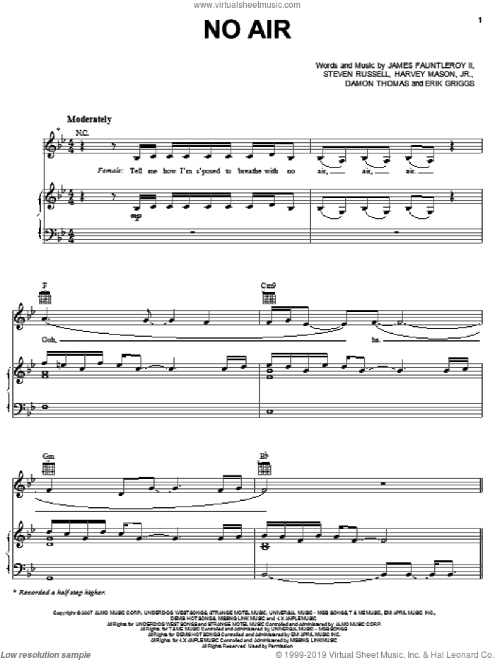 No Air sheet music for voice, piano or guitar by Jordin Sparks with Chris Brown, American Idol, Chris Brown, Jordin Sparks, Miscellaneous, Damon Thomas, Erik Griggs, Harvey Mason, Jr., James Fauntleroy and Steven Russell, intermediate skill level