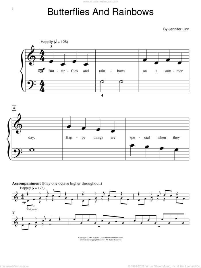 Butterflies And Rainbows sheet music for piano solo (elementary) by Jennifer Linn and Miscellaneous, beginner piano (elementary)