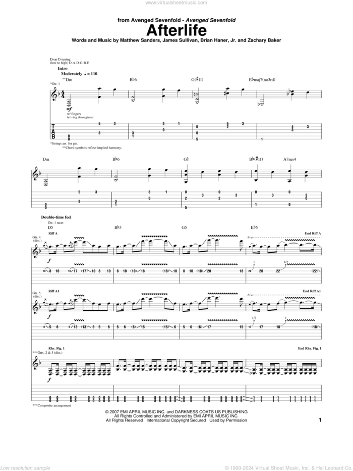 Afterlife sheet music for guitar (tablature) by Avenged Sevenfold, Brian Haner, Jr., James Sullivan, Matthew Sanders and Zachary Baker, intermediate skill level